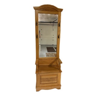 Vintage Tradional Oak Hall Tree With Mirror and Storage Bench For Sale