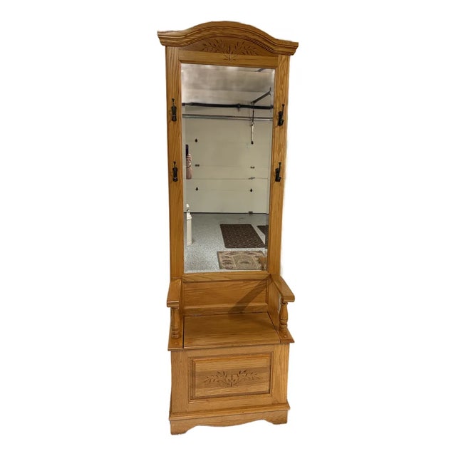 Vintage Tradional Oak Hall Tree With Mirror and Storage Bench For Sale