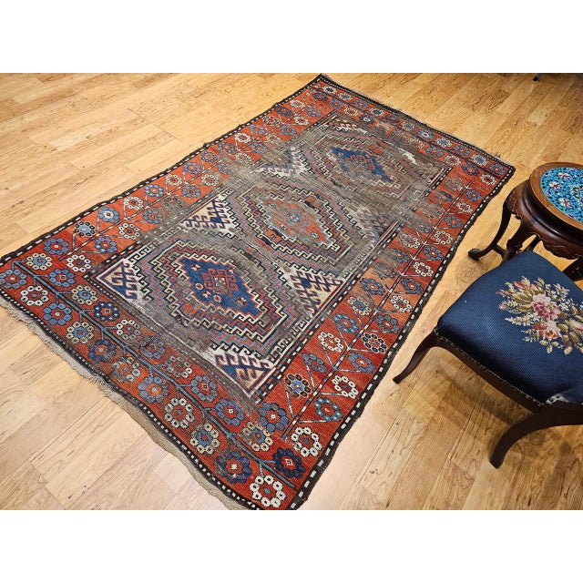 19th Century Antique Caucasian Karabagh Area Rug, Hand-Knotted Wool, Geometric Design, Ivory & Blue, 5x8 For Sale - Image 5 of 17