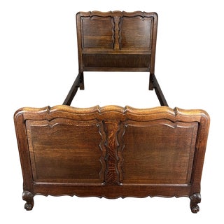 Vintage French Louis XVI Style Oak Single Bed Frame with Carved Headboard For Sale