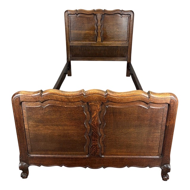 Vintage French Louis XVI Style Oak Single Bed Frame with Carved Headboard For Sale