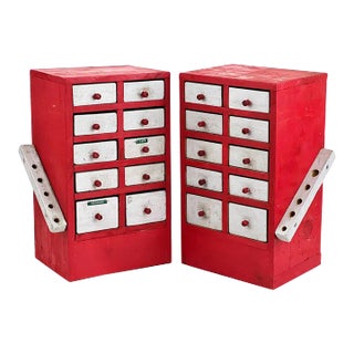 Vintage 1950s Red Handmade Industrial Wood 10-drawer Storage Units - A Pair For Sale