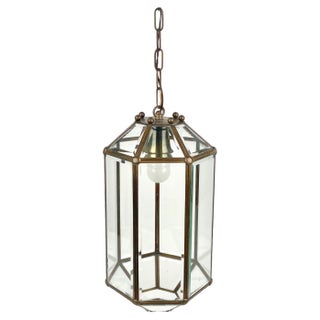 Brass and Beveled Glass Pendant Lantern in the Style of Adolf Loos, Italy, 1950s For Sale