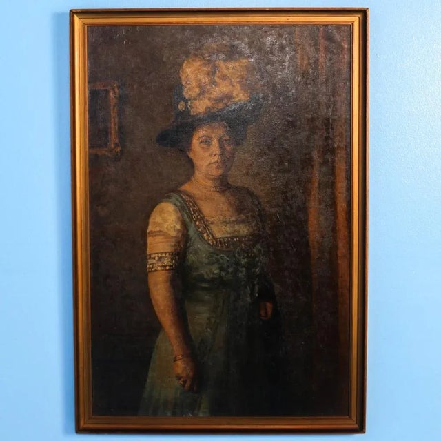 Textile Early 20th Century Antique Original Oil on Canvas Portrait of Woman With Hat and Feather Painting For Sale - Image 7 of 7
