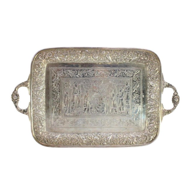 Metal Islamic Style Silver Tray with Floral Relief and Engraved Scene of Veneration of the Prophet Muhammad For Sale - Image 7 of 7