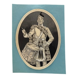 1940s Original Graphite Illustration of Scottish Boy Drummer, 11 X 8.5 In. For Sale