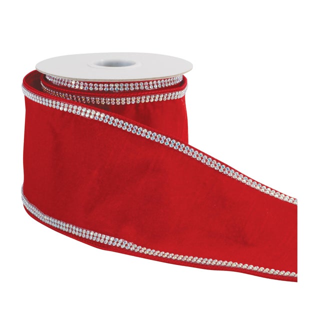 Bring a touch of glamorous holiday sparkle to your décor with this Red Velvet Rhinestone Trim Wired Ribbon. Crafted in...
