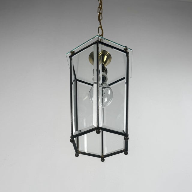 Mid-Century Brass and Beveled Glass Lantern Pendant Light in the style of Adolf Loos, Italy, 1970s For Sale - Image 6 of 9