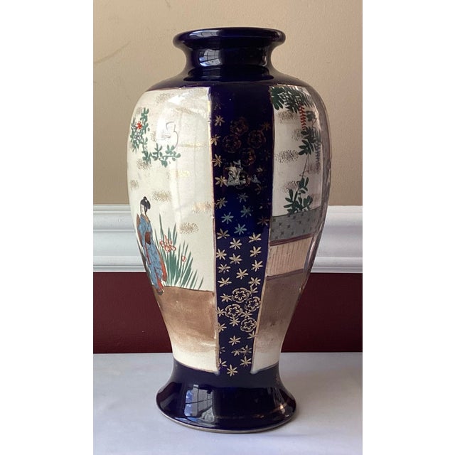 1930s VTG/Antique Japanese Cobalt Porcelain Satsuma Figural Vase, Marked, 12 1/2” Tall For Sale - Image 5 of 12