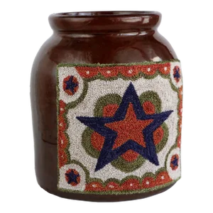 Primitive Brown Stoneware Crock With Punch Needle Star