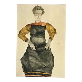 1981 Egon Schiele 12 Erotic Drawing Seated Girl in Black Apron For Sale
