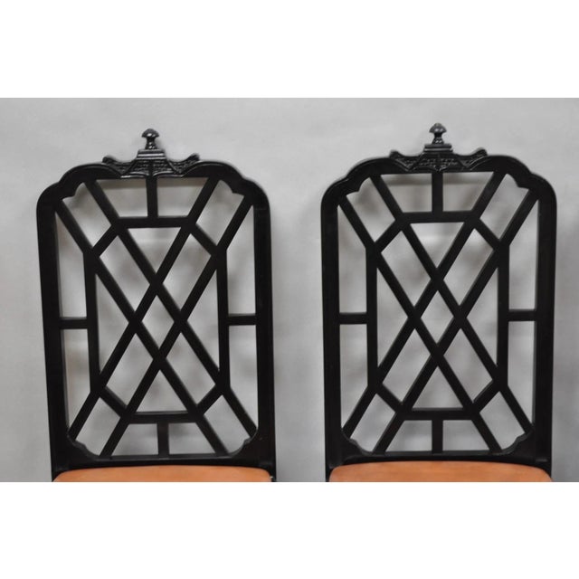 Vintage Chinese Chippendale Pagoda Fretwork Black Lacquer Dining Chair, Set of 4 For Sale - Image 4 of 13
