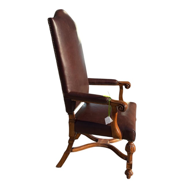 18th C Style French Mahogany Brown Leather Arm Chair For Sale - Image 4 of 5