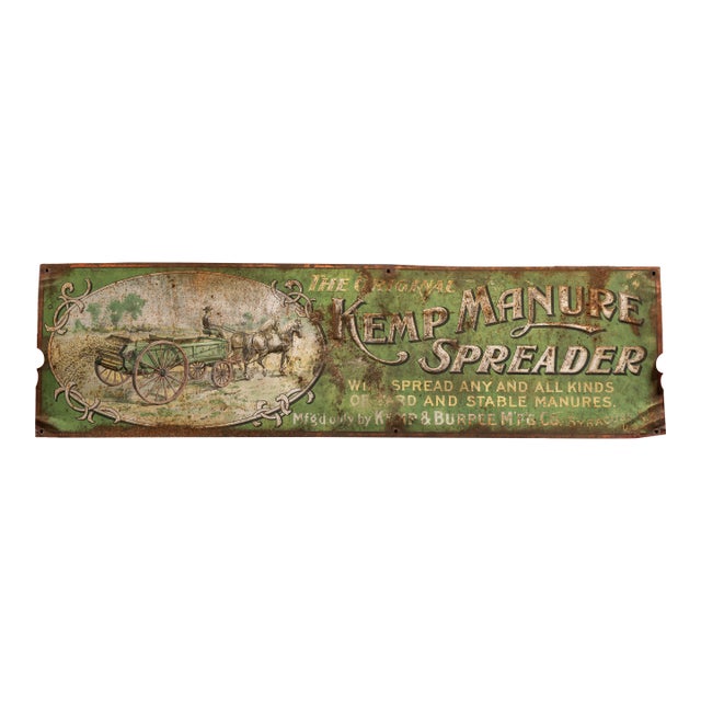 Antique Kemp Spreader Single Sided Tin Litho Farm Sign For Sale