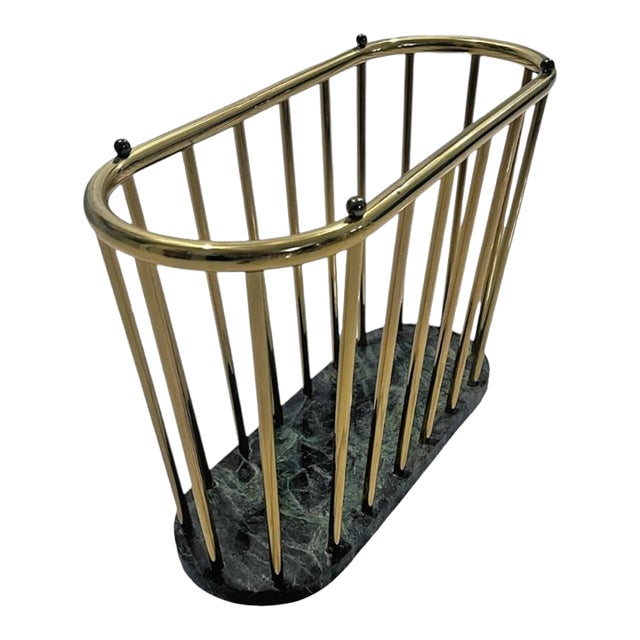 Vintage Oval Green Marble and Brass Spindle Magazine Rack / Book Holder For Sale