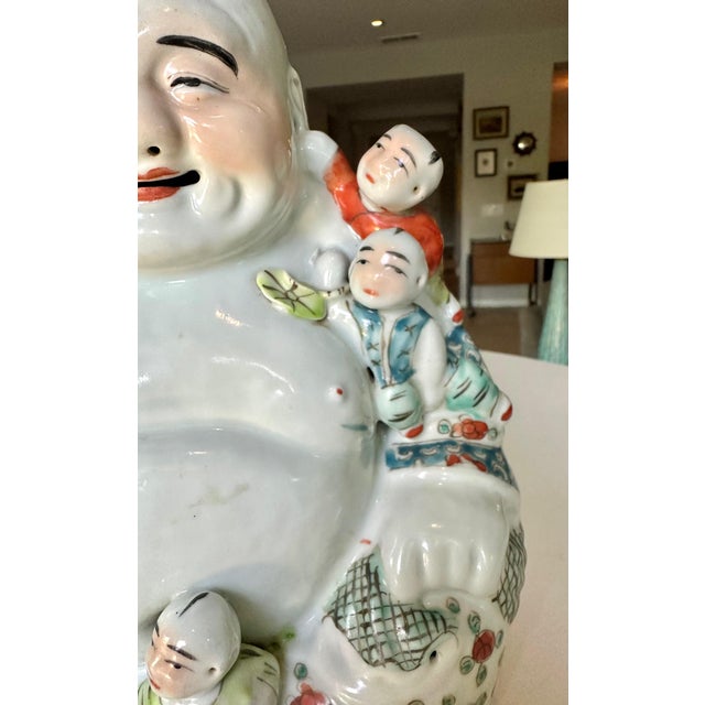 Antique Qing Chinese Famille Rose Porcelain Statue Laughing Buddha For Sale - Image 13 of 17