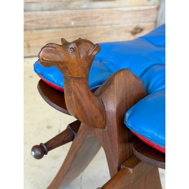 Folk Art Vintage Carved Boho Camel Saddle Stool or Ottoman With Brass Studded Legs For Sale - Image 3 of 12