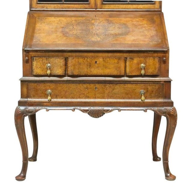 Burl & Carved Walnut Slant Front Marquetry Secretary Desk C1900 For Sale - Image 4 of 16