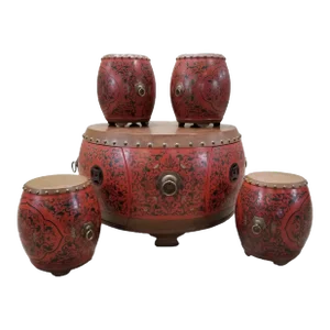 Vintage Asian Style Red Coromandel Drum Coffee/Side Table - Set of 5