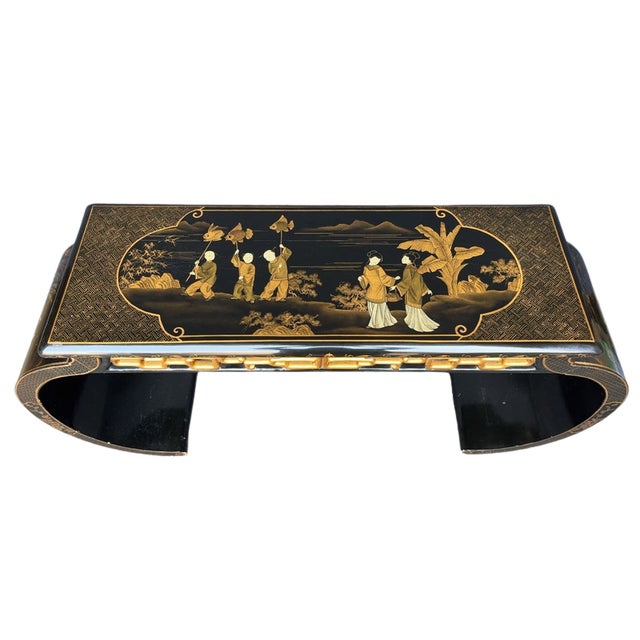 Chinoiserie Late 20th Century Black Lacquer Chinoiserie Console Table With Gold Figural Decoration & Scroll Supports For Sale - Image 3 of 18