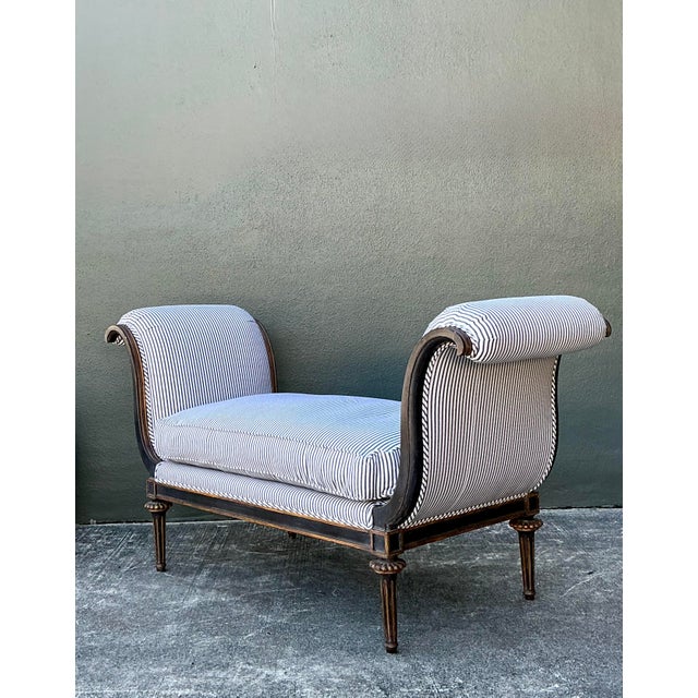 Wood Vintage Nancy Corzine “Moliere” Ticking Stripe Scroll Bench For Sale - Image 7 of 12