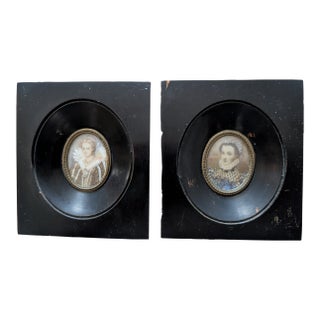 Mid 20th Century Portrait Miniatures of Noble Ladies in Ebonized Frames - Set of 2 For Sale