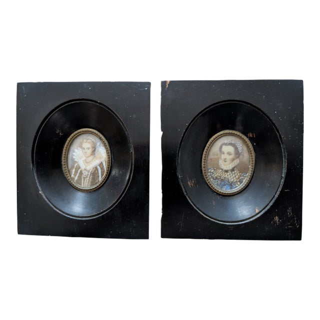 Mid 20th Century Portrait Miniatures of Noble Ladies in Ebonized Frames - Set of 2 For Sale