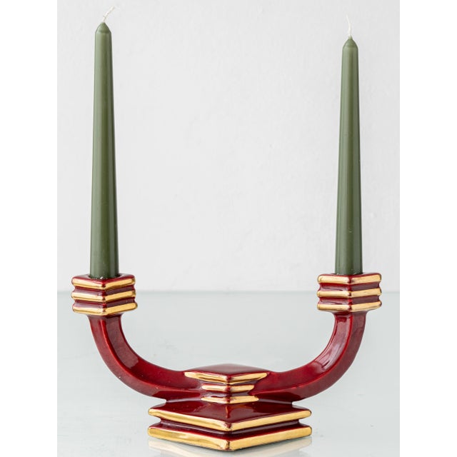 Art Deco Oxblood Burgundy Ceramic Double Candlestick, France, 1930s For Sale - Image 10 of 13