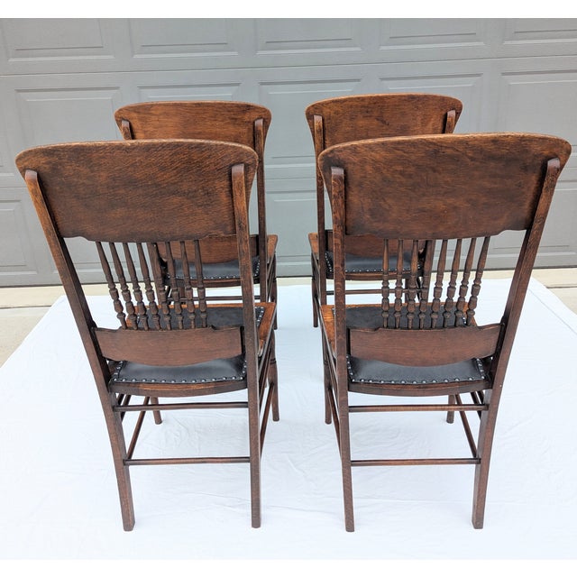 Late 19th Century Victorian Pressed Back Oak Dining Chairs Leather Seats Spindle Back For Sale - Image 11 of 18