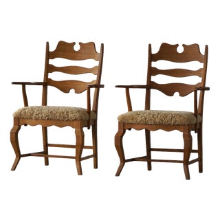 Razorblade Armchairs in Oak and Lambswool attributed to Henning Kjærnulf, 1960s, Set of 2 For Sale