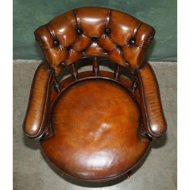 19th Century Antique Captain's Desk Chair in Brown Leather, 1880 For Sale - Image 5 of 18