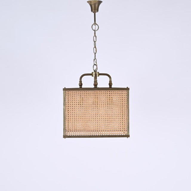 1950s Vienna Straw Wicker, Glass Square & Brass Chandelier Lamp, Italy, 1950s For Sale - Image 5 of 17