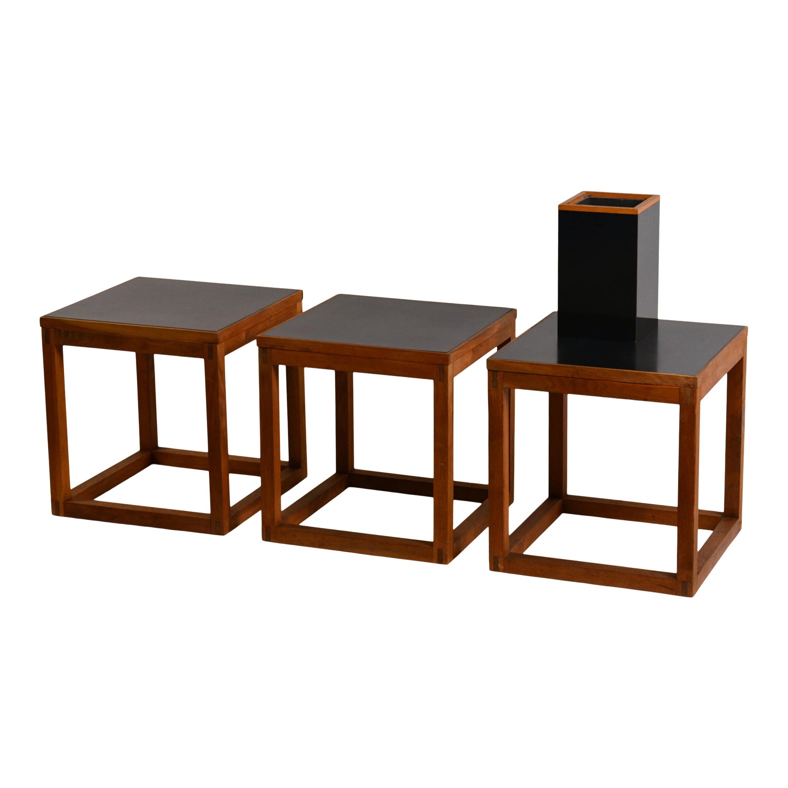 Set of 3 Minimal Teak and Laminate Cube Tables in the Style of Donald Judd Chairish