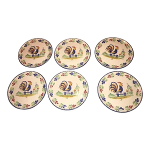 Set of 6 2000s Large French Hand Painted Rooster Quimper Plates by Pornic Brittany