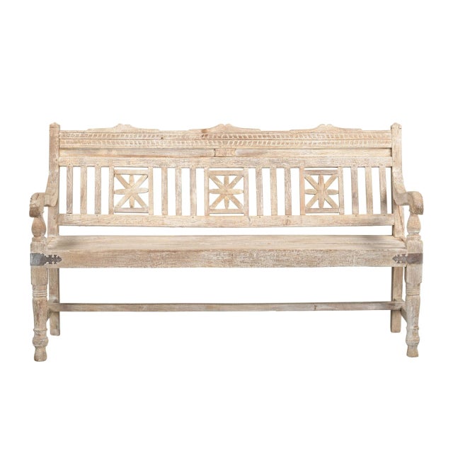 Farmhouse Vintage Anglo-Indian Colonial Style Carved Teakwood Bench For Sale - Image 3 of 4