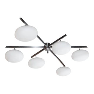 Satin Nickel Six-Arm Globe Flush Mount Chandelier For Sale