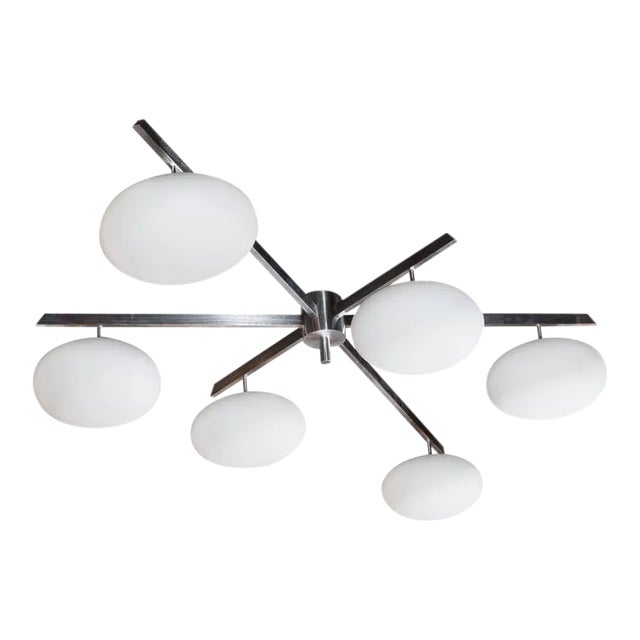 Satin Nickel Six-Arm Globe Flush Mount Chandelier For Sale