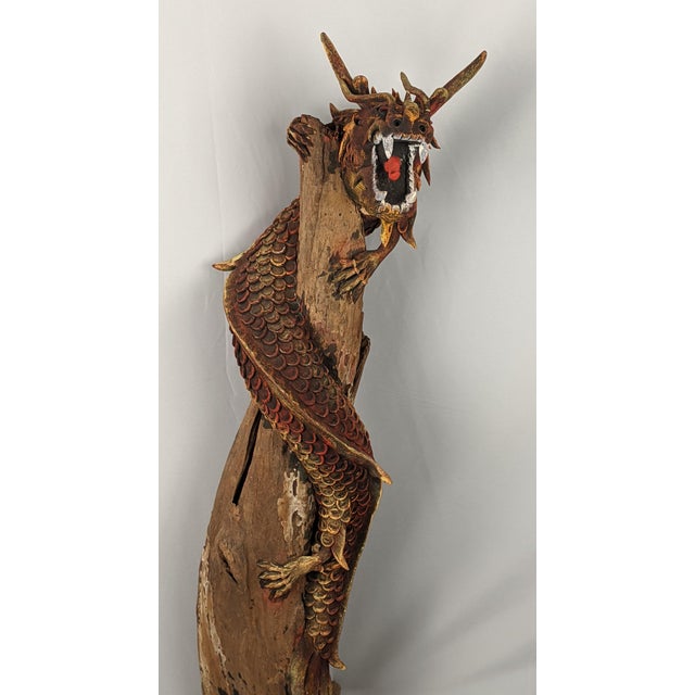 Asian Mid 20th Century Monumental Hand-Carved Asian Dragon Coiled Around Natural Tree Trunk Sculpture With Original Polychrome Finish 40" For Sale - Image 3 of 18