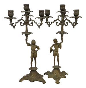Set of 2 Vintage Baroque Figural Brass Candelabra Candlestick Holders