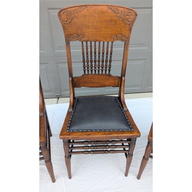 Late 19th Century Victorian Pressed Back Oak Dining Chairs Leather Seats Spindle Back For Sale - Image 9 of 18