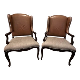 Pair of Ralph Lauren Leather and Stripped Herringbone Tweed Conservatory Garden Armchairs For Sale