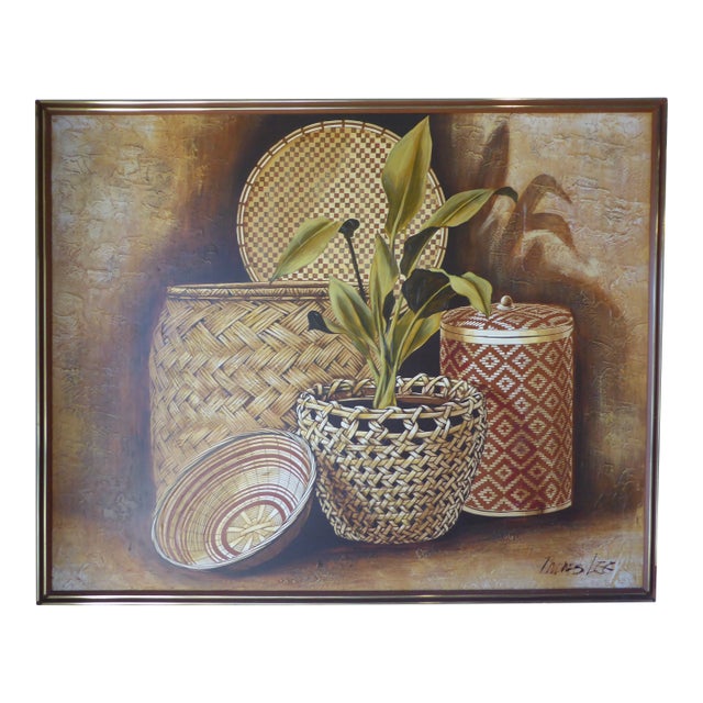 1970s Mid-Century Modern Large Format Acrylic on Canvas by Thomas Lee - Baskets and Plants For Sale
