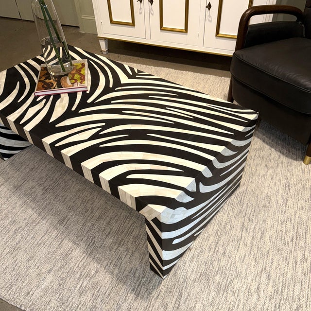Zebra Striped Bone Inlay Coffee Table with Waterfall Ends For Sale - Image 9 of 13