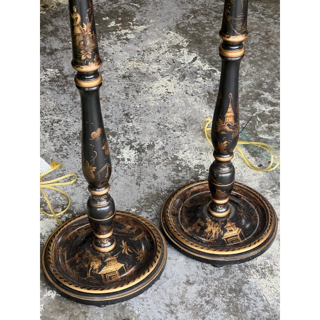 Killer black with hand painted gold chinoiserie designs. Floor lamps of elegance and sophistication. Shades are a bright...