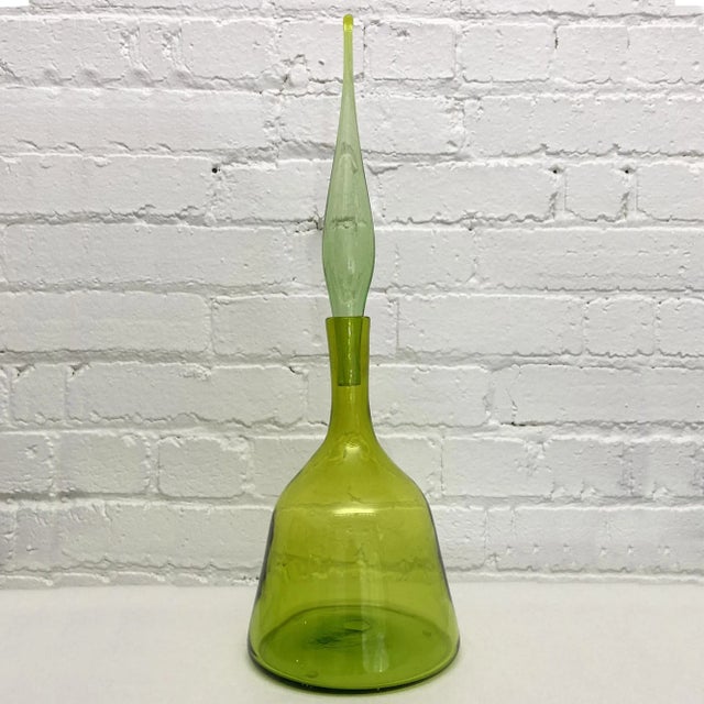 Glass Vintage Blenko Decanter With Stopper, Design by Wayne Husted, Olive Green For Sale - Image 7 of 8