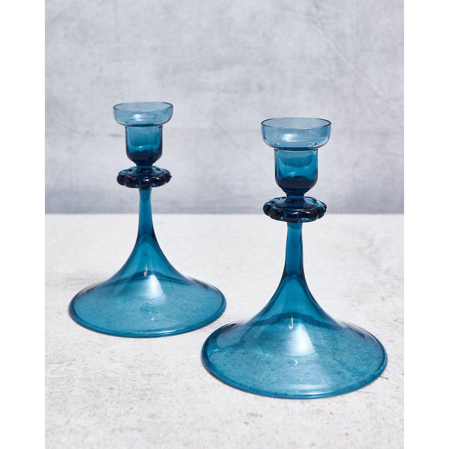 Gorgeous mid century Orrefors Sweden blue taper candlesticks. These candle holders are in excellent condition with no...