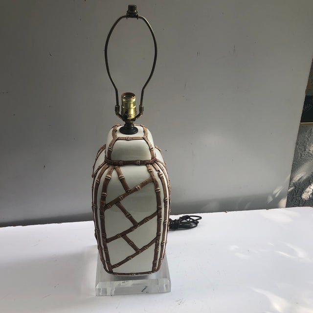 1970s Faux Bamboo Lamp on Lucite Base For Sale - Image 5 of 13