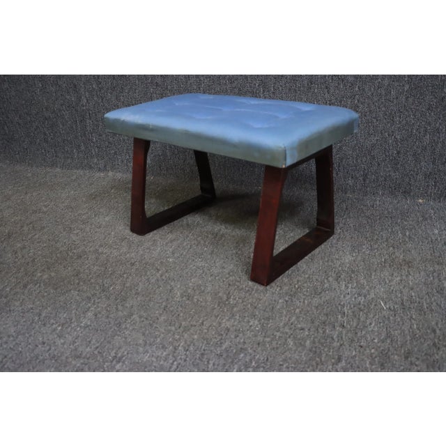 Mid century modern vanity bench , flat angled mahogany base , blue tufted seat