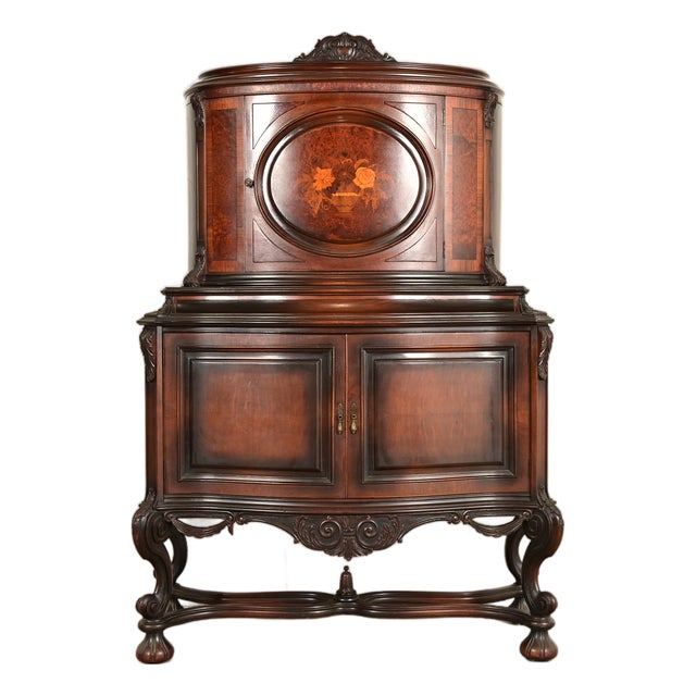R. J. Horner Style Renaissance Revival Carved Walnut and Burl Wood Inlaid Marquetry Bar Cabinet, Circa 1900 For Sale