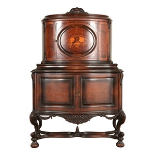R. J. Horner Style Renaissance Revival Carved Walnut and Burl Wood Inlaid Marquetry Bar Cabinet, Circa 1900s For Sale